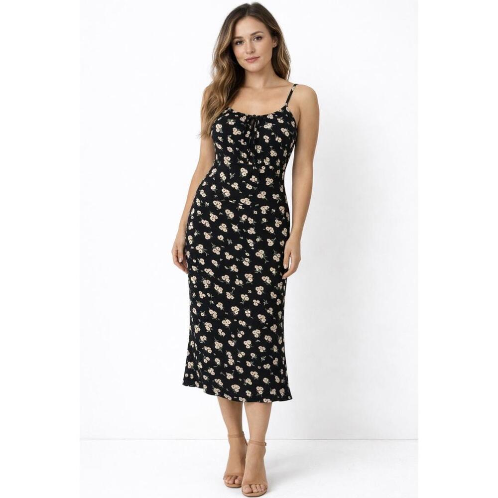 Romantic Cottagecore Black Floral 90s Style Keyhole Tie Front Slip Midi Dress
